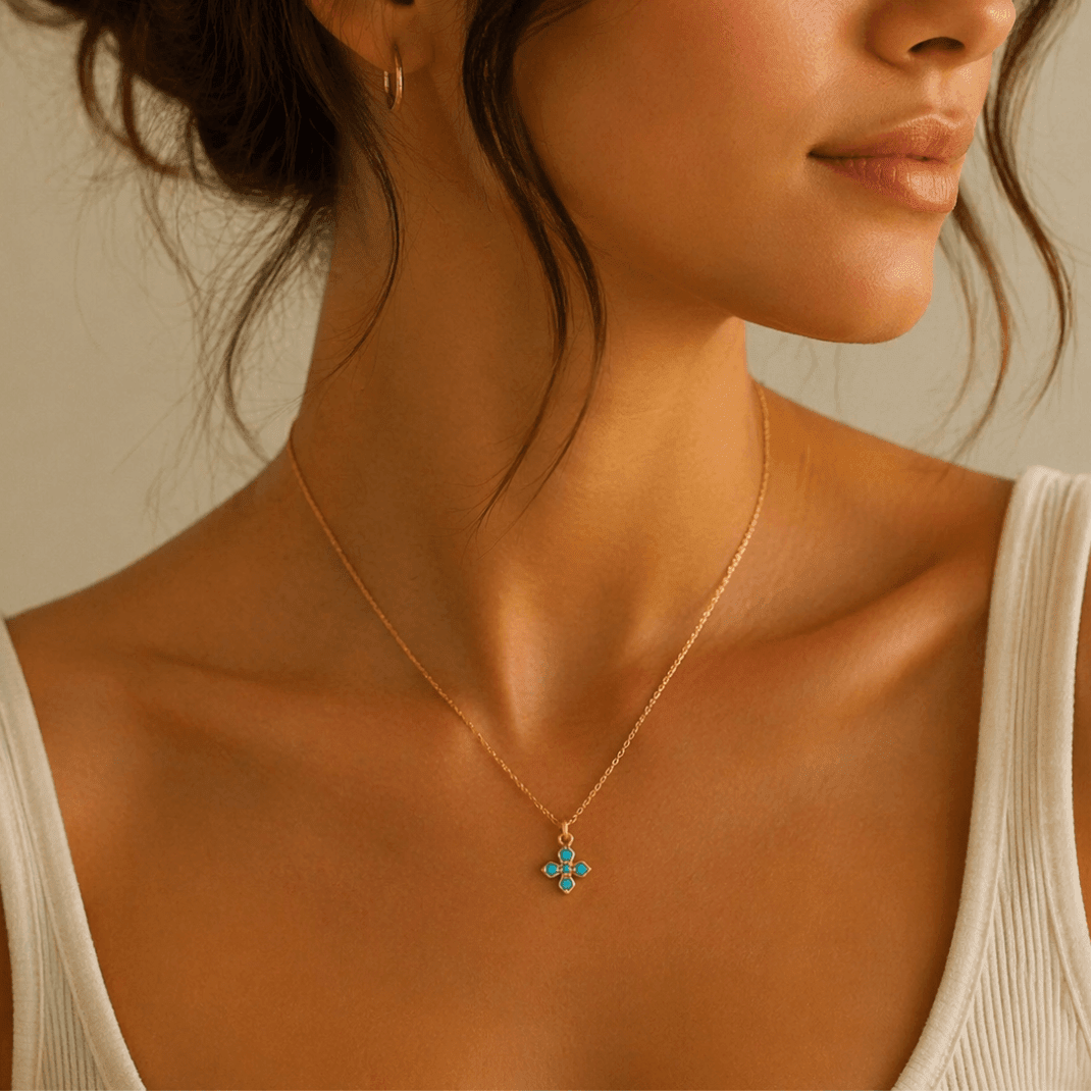 Tiny Turquoise Cross Necklace – Dainty & Colorful Jewelry | Le Serey Tiny Turquoise Cross Necklace – Dainty & Colorful Jewelry | Le Serey