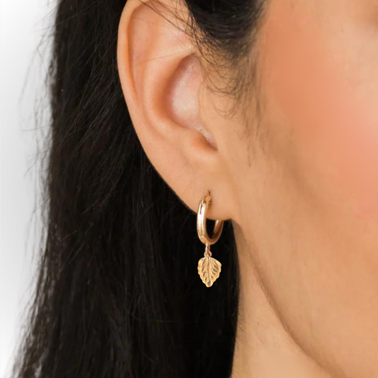 Gold Huggie Hoops with Leaf Charm