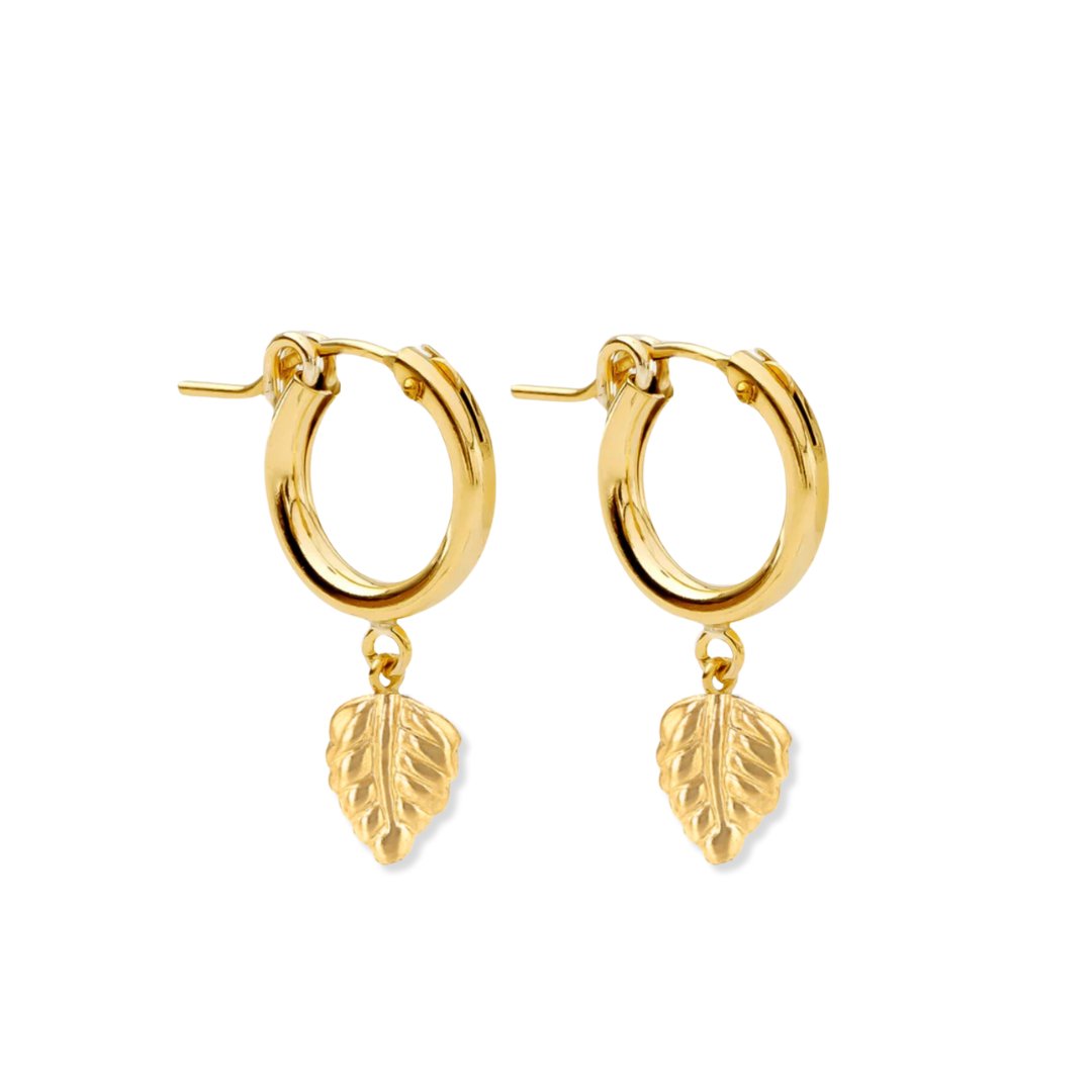 Gold Huggie Hoops + Leaf Charm - Le Serey