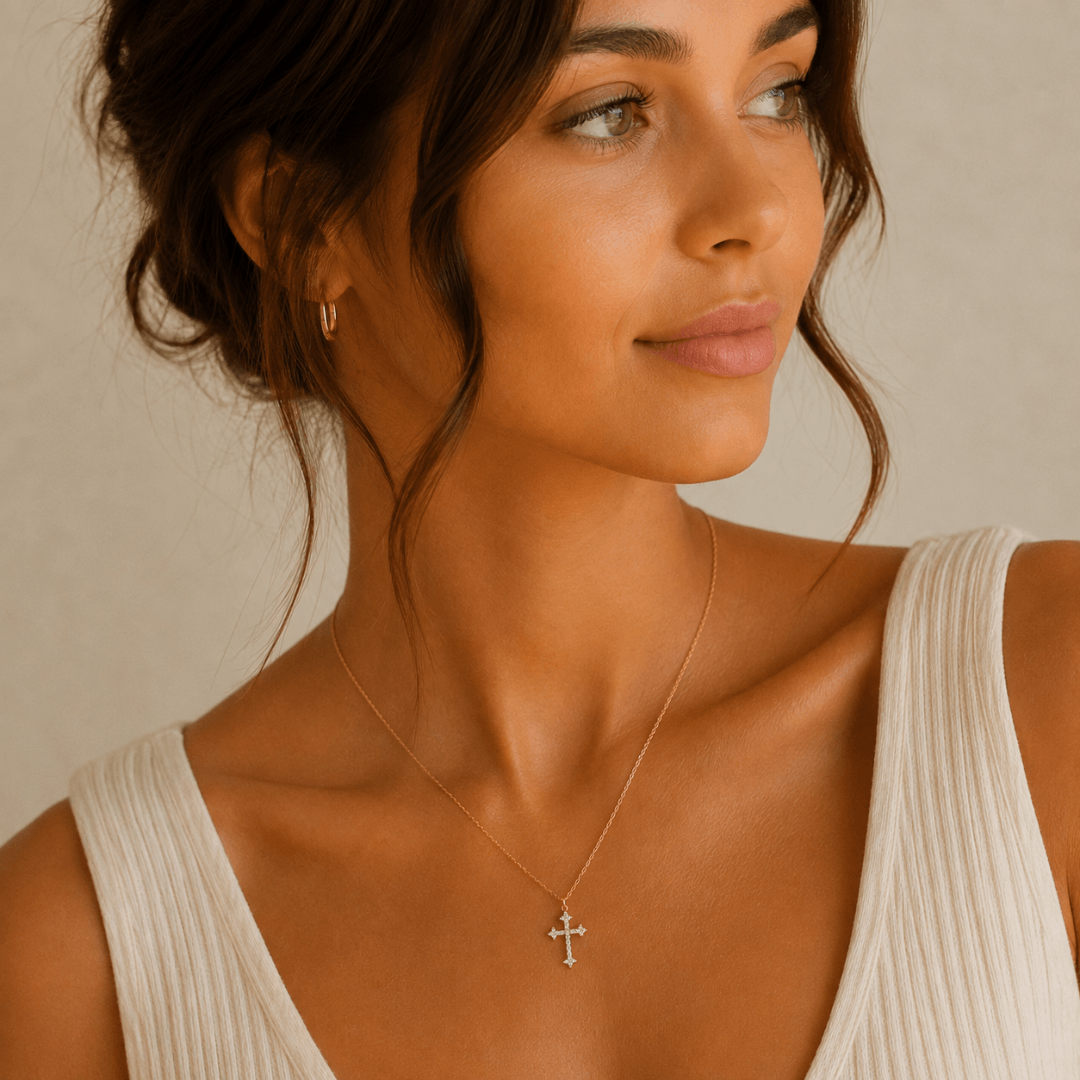 gold Trefoil Pavé Cross Necklace for women