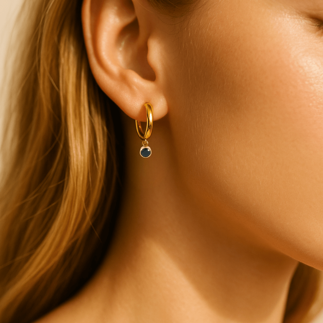 Huggie Hoops + Black CZ Charm - Le Serey
