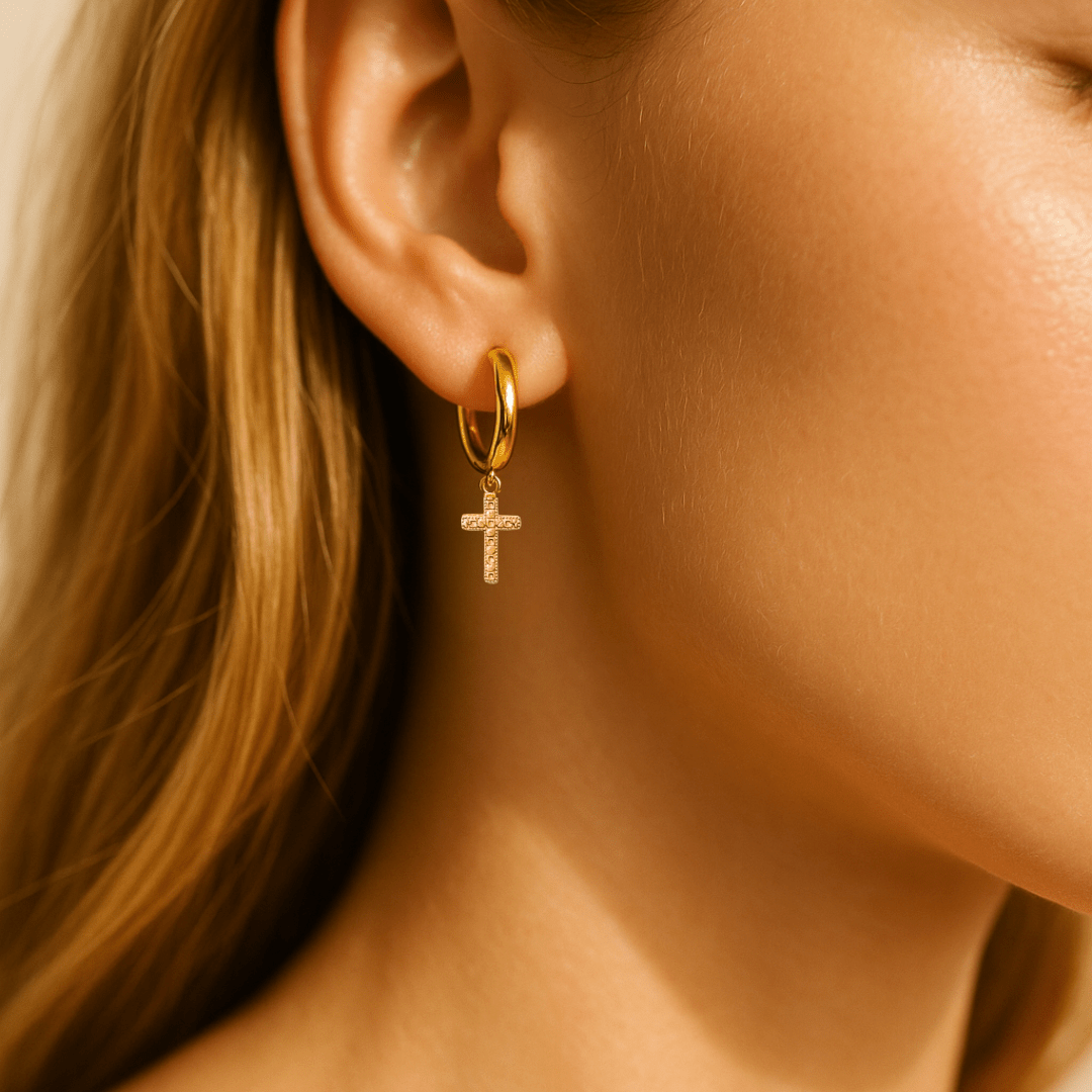 Huggie Hoops + Cross Charm - Le Serey
