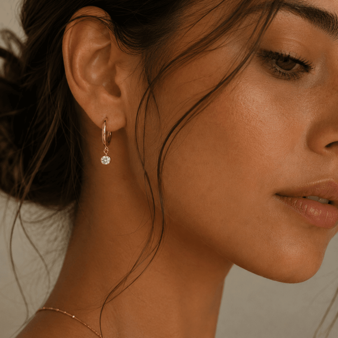 Huggie Hoops + Tiny CZ Diamond Drop Charm - Le Serey