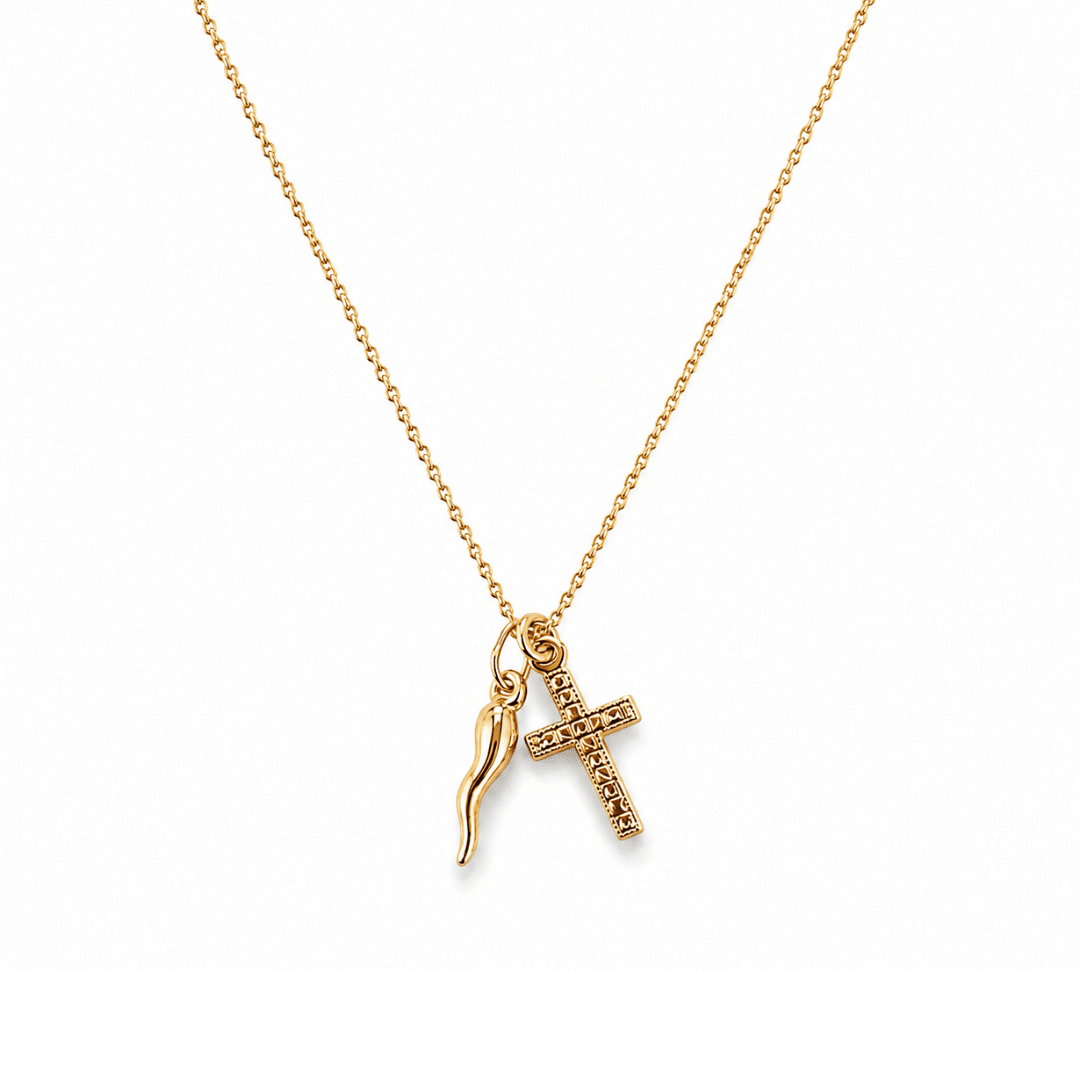 Italian Horn + Cross Necklace - Le Serey