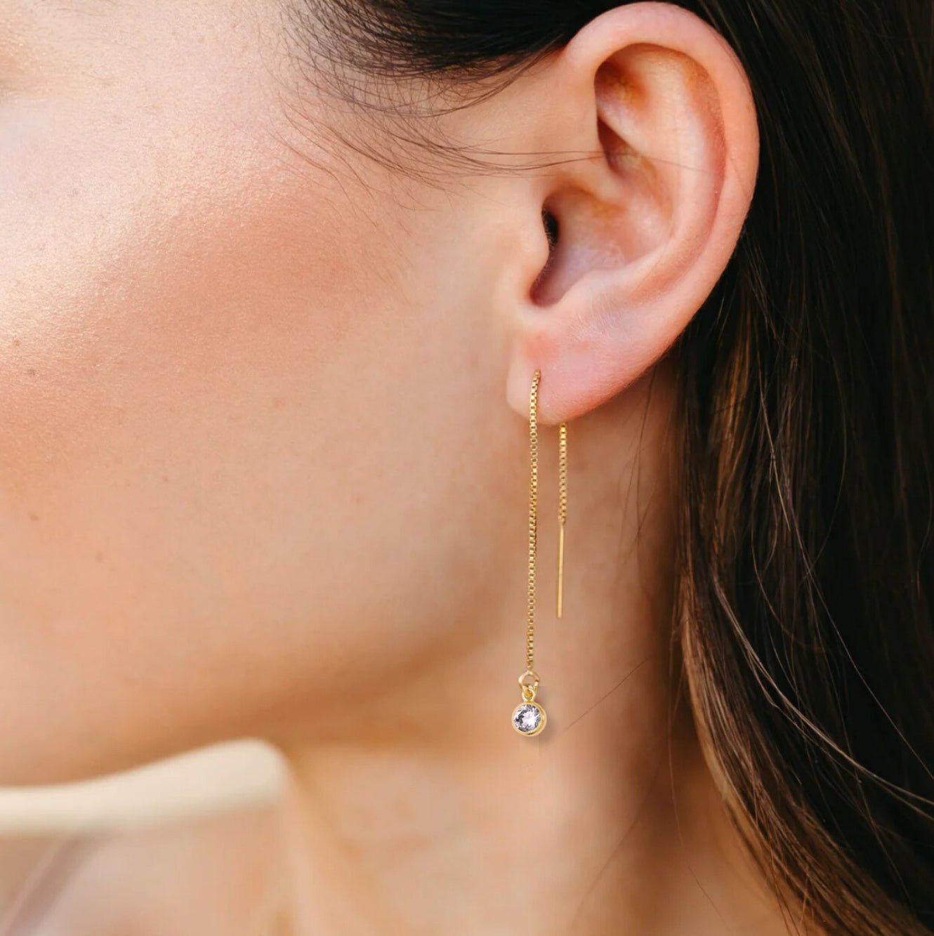 Threader Earrings + CZ Drop Charm - Le Serey