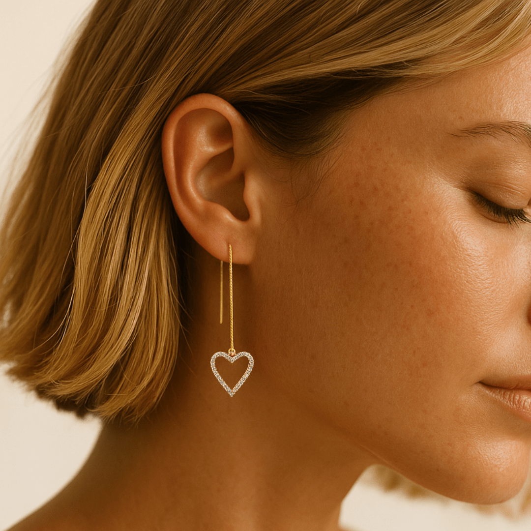 Threader Earrings + CZ Heart Charms - Le Serey